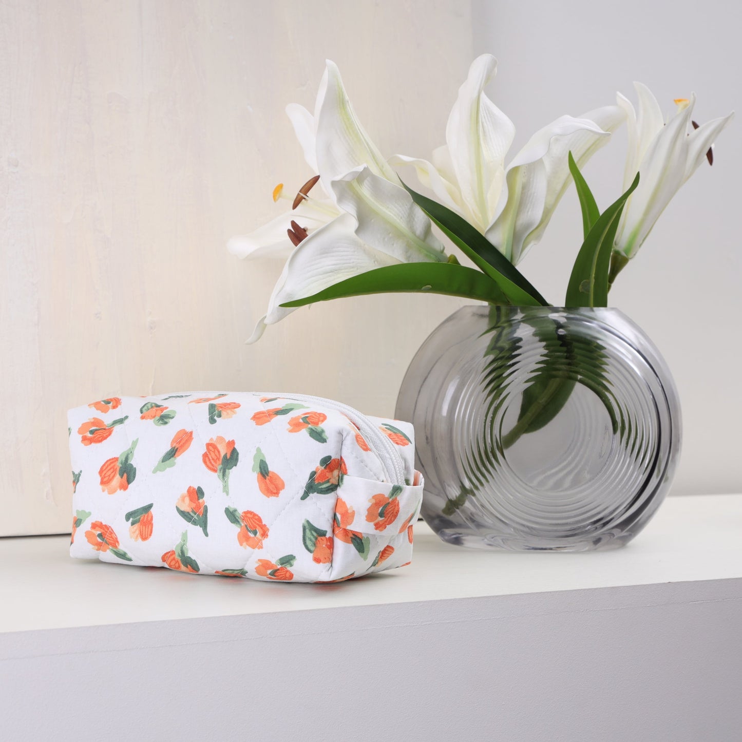 Floral quilted makeup pouch